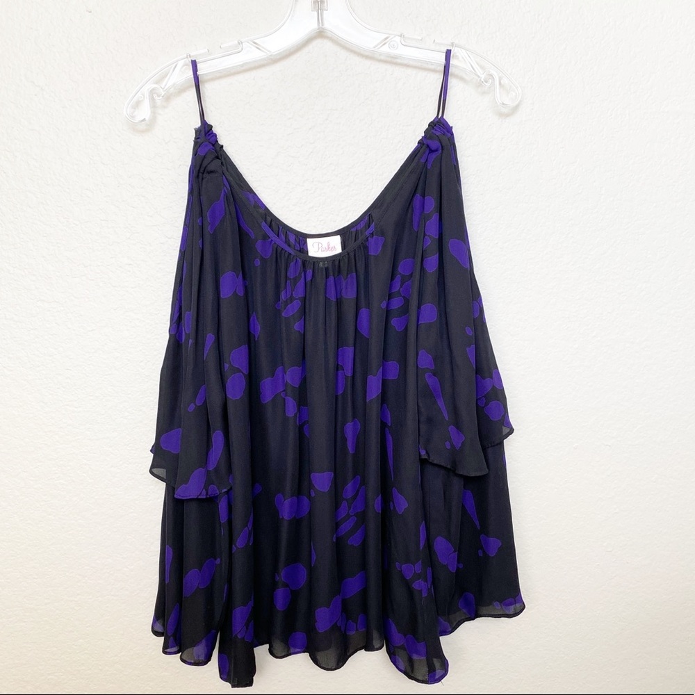Parker Silk Purple Splatter Cold Shoulder Top S